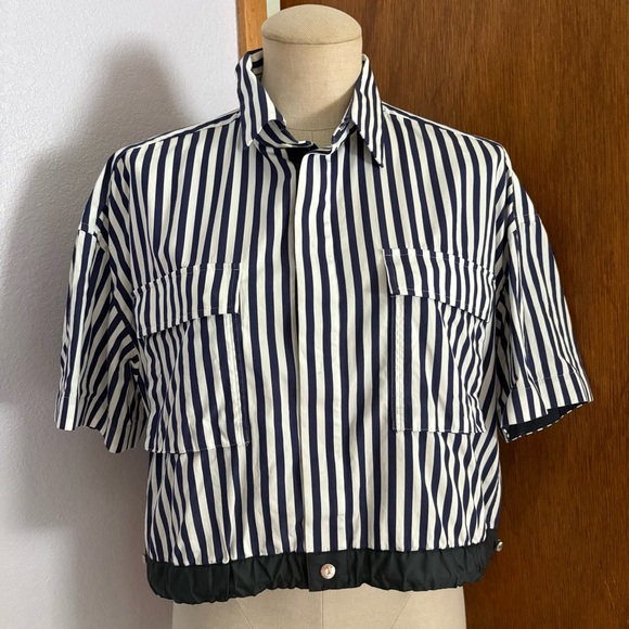 Sacai Tops - SACAI x Thomas MASON sz 2 S Striped Cropped Shirt Short Sleeve White Blue